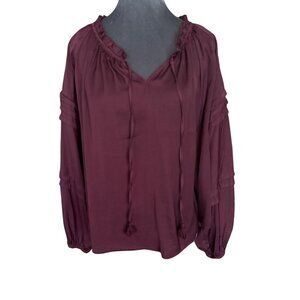 Chelsea & Theodore Womens Burgundy Blouse M Ruffle Neck Long Sleeve 100% Polyest